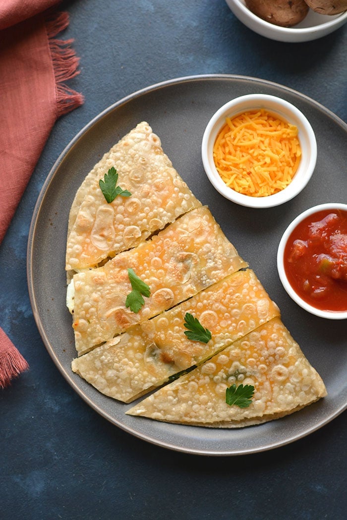 Healthy Breakfast Quesadilla made with egg whites, cheese and spinach. An easy breakfast that's filling, delicious and low calorie!