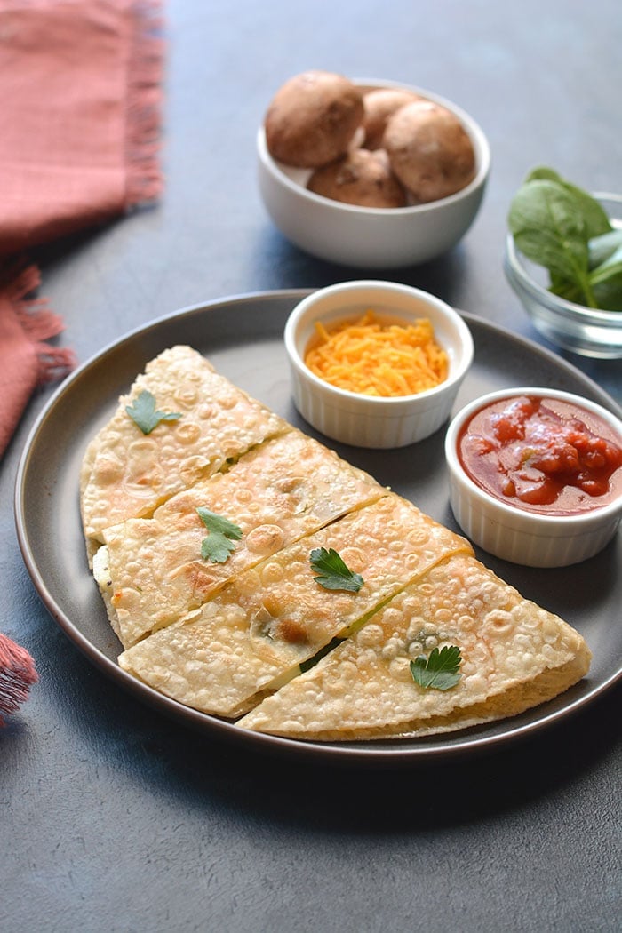 Healthy Breakfast Quesadilla made with egg whites, cheese and spinach. An easy breakfast that's filling, delicious and low calorie!