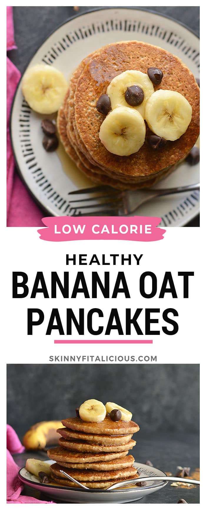 Healthy Banana Oat Pancakes! Made with simple ingredients, these healthy pancakes are low calorie, high fiber, egg free and have no added sugar. Meal prep them for a healthy breakfast all week long! Gluten Free + Low Calorie + Vegan