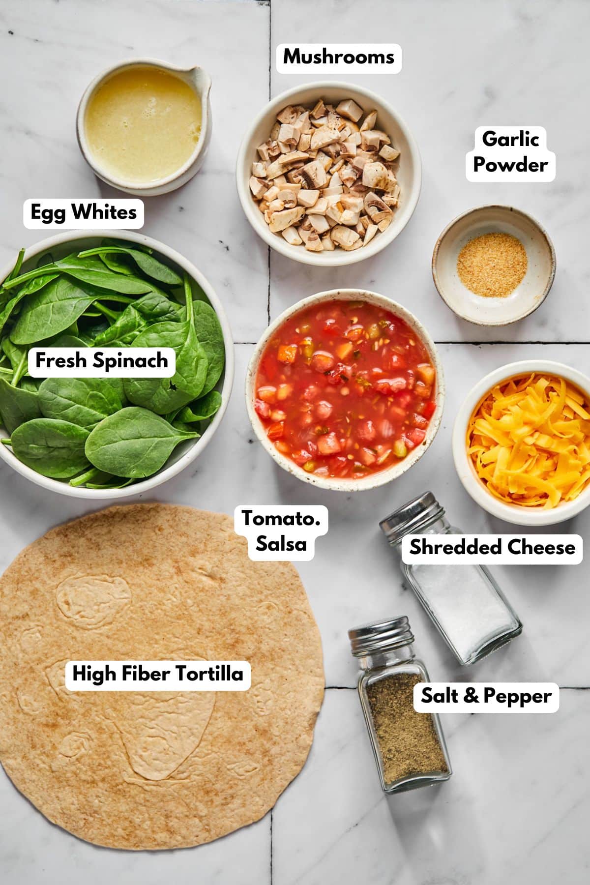 Ingredients to make a healthy breakfast quesadilla on a table with text labels. 