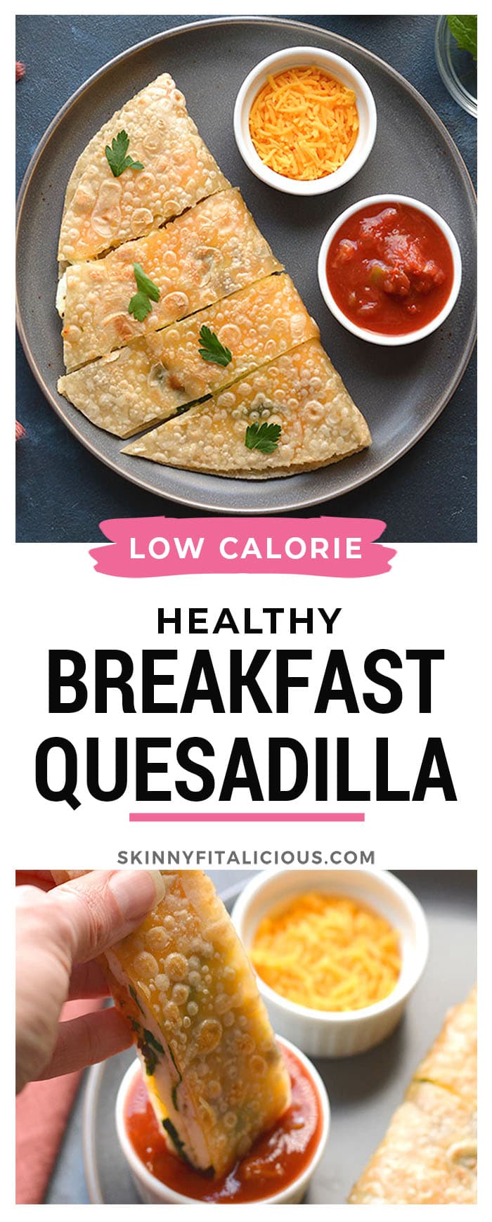 Healthy Breakfast Quesadilla made with egg whites, cheese, mushrooms and spinach. An easy breakfast that's filling, delicious and low calorie! Gluten Free + Low Calorie