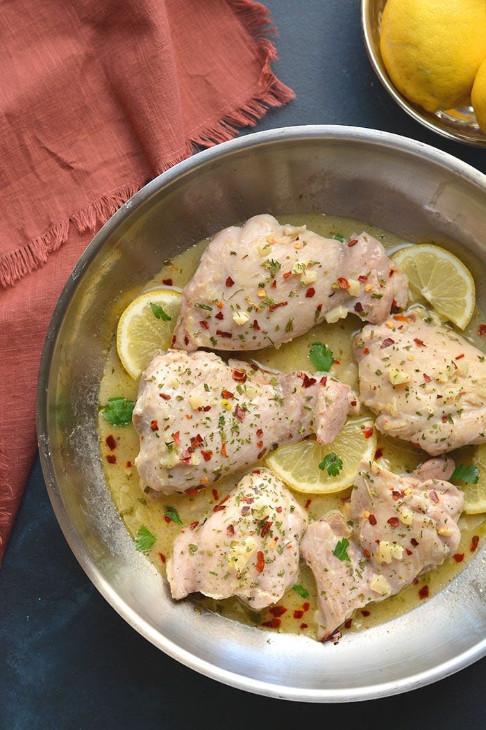 Healthy Lemon Garlic Chicken is an easy, low calorie dinner recipe made in one pan. Super flavorful, filling and family approved! Gluten Free + Paleo + Low Carb + Low Calorie