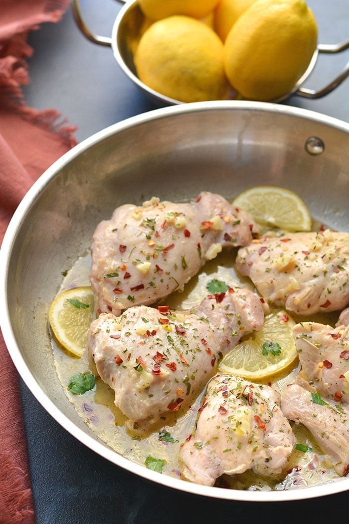 Healthy Lemon Garlic Chicken is an easy, low calorie dinner recipe made in one pan. Super flavorful, filling and family approved! Gluten Free + Paleo + Low Carb + Low Calorie