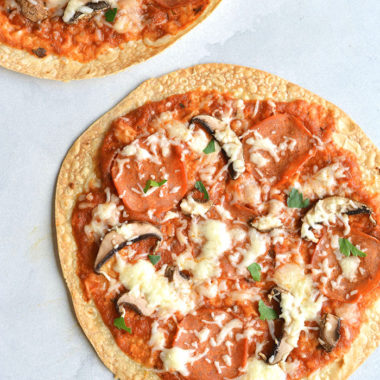 Healthy Tortilla Pizza! This pizza is made gluten free on a brown rice tortilla. Customize the toppings with your favorite ingredients and enjoy this healthy meal or snack in less than 10 minutes. Gluten Free + Low Calorie