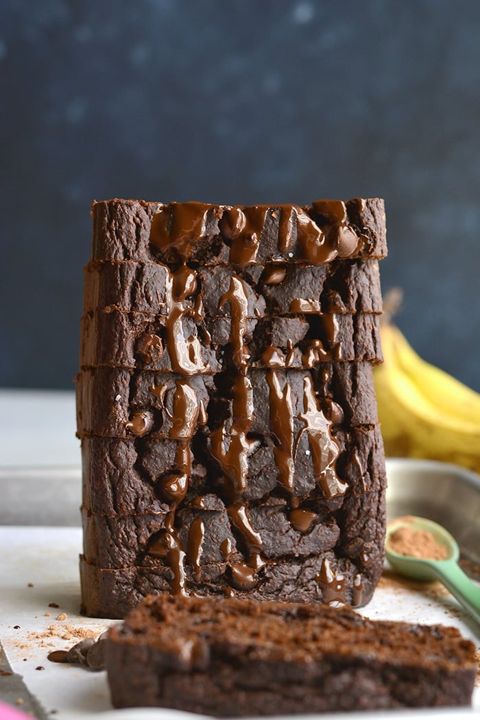 Healthy Chocolate Banana Bread with greek yogurt! Made flourless with gluten free oats and low sugar, this is the perfect healthy low calorie treat! Gluten Free + Low Calorie