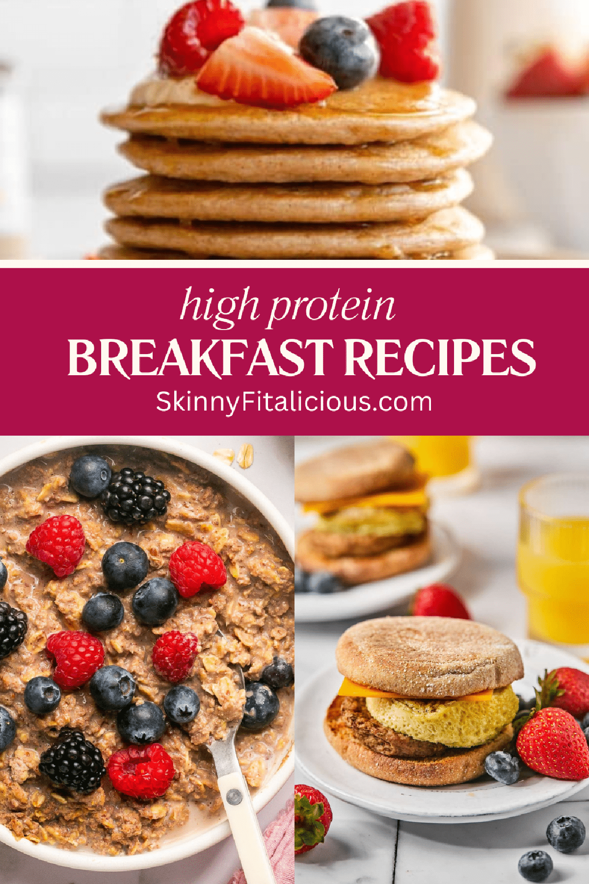 picture with a stack of pancakes, bowl of oatmeal and a breakfast sandwich on an English muffin.