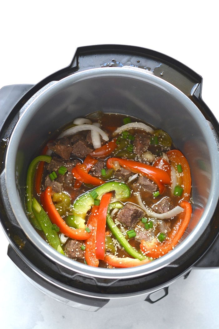 Healthy Steak & Peppers is a delicious Instant Pot meal, full of protein, nutrients and lower in calories. The key to its flavor lies in the easy marinade!