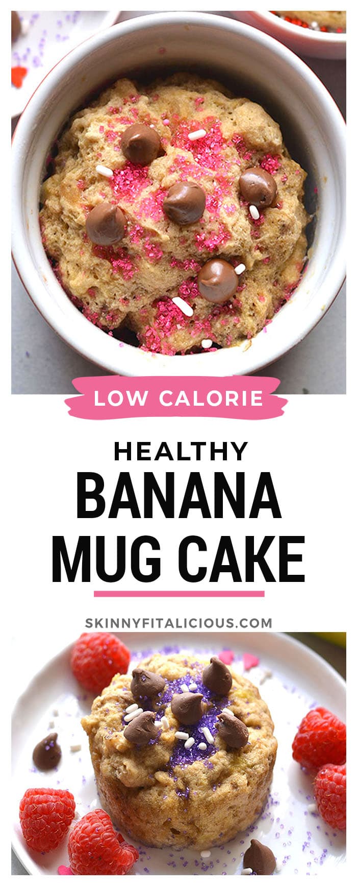 This Healthy Banana Mug Cake is perfect for a single serve, low calorie dessert or snack. Made flourless, gluten free and low sugar in the microwave. Gluten Free + Low Calorie
