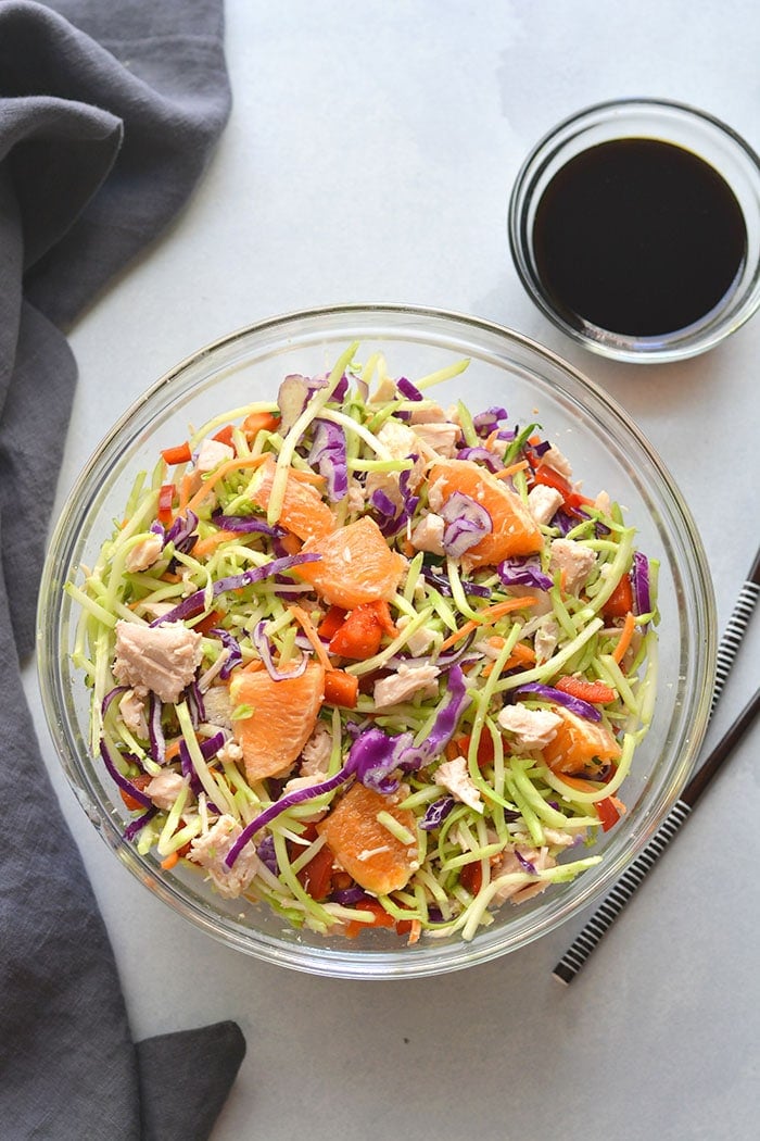 Healthy Chinese Chicken Salad is a simple nutritious meal bursting with sweet and sour flavors! Filling, naturally low calorie with no cooking required. Serve for lunch or a side salad. Low Calorie + Gluten Free + Paleo