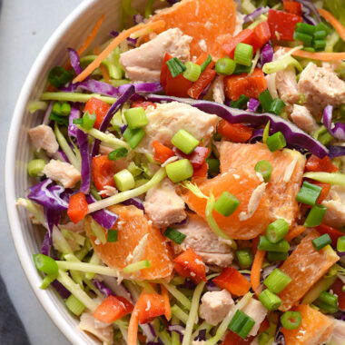 Healthy Chinese Chicken Salad is a simple nutritious meal bursting with sweet and sour flavors! Filling, naturally low calorie with no cooking required. Serve for lunch or a side salad. Low Calorie + Gluten Free + Paleo