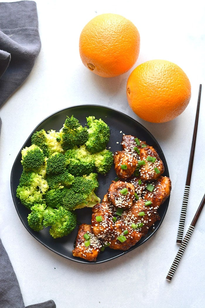 Healthy Orange Chicken is a simple, low calorie version of your favorite takeout meal. This lighter meal is made with real food and gluten free. 