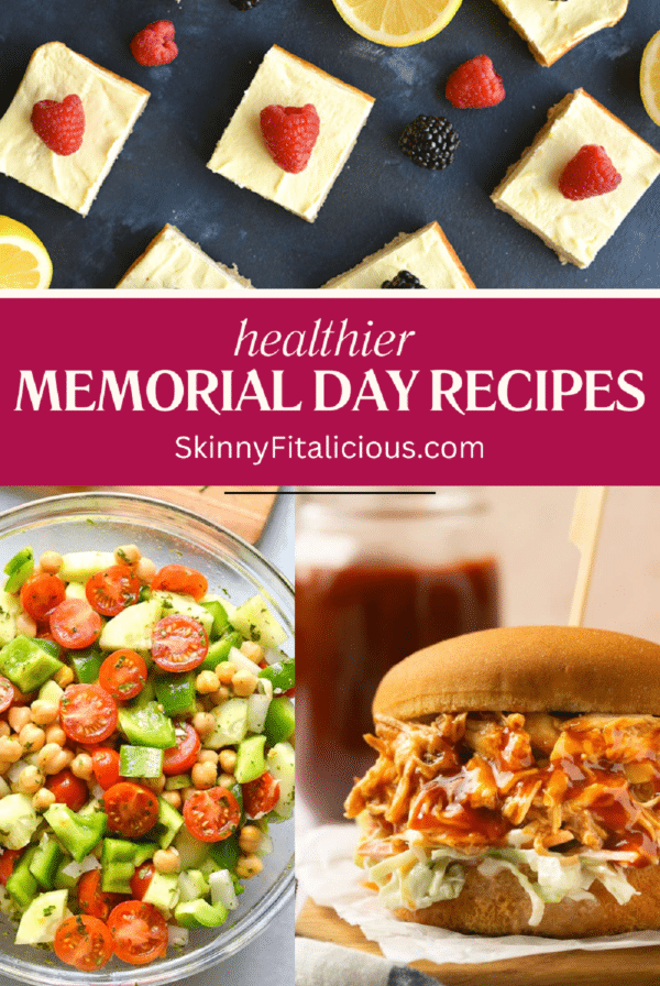 picture with lemon bars, chickpea salad and bbq chicken with the words healthier Memorial Day recipes.