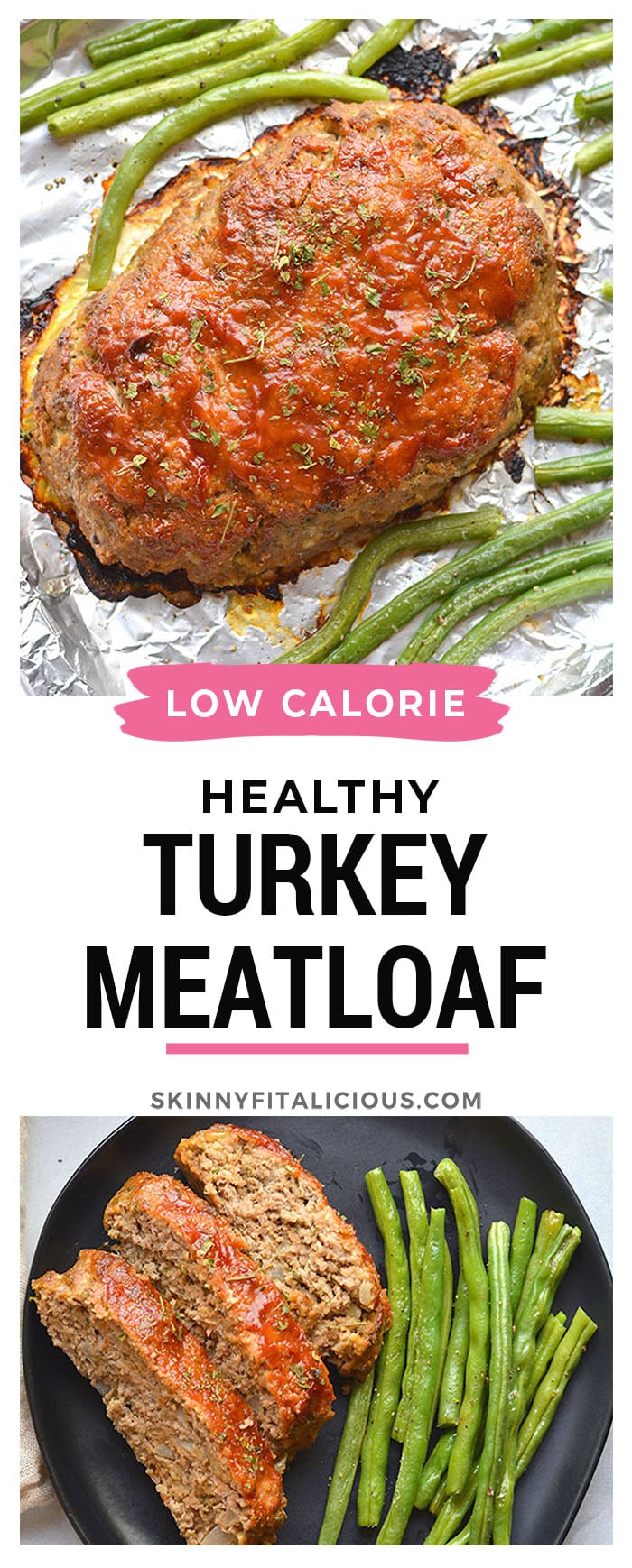 Healthy Turkey Meatloaf baked on a sheet pan. This easy low calorie dinner recipe is simple to make, egg free, hearty, gluten free and family approved! Low Calorie + Low Carb + Gluten Free