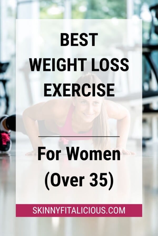 Athletic woman doing a push-up in a bright fitness center, showcasing a best weight loss exercise for women over 35.