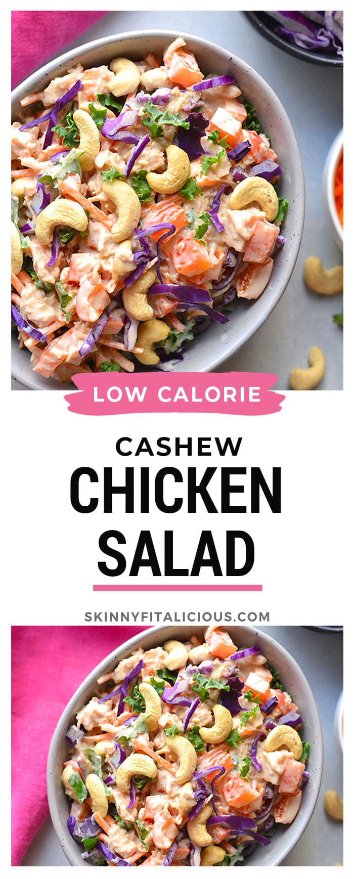 Healthy Cashew Chicken Salad made low calorie with Greek yogurt, Asian flavors, bell peppers and cabbage. A healthy recipe that is mayo free and egg free. A great make ahead lunch to meal prep! Gluten Free + Low Calorie + Low Carb