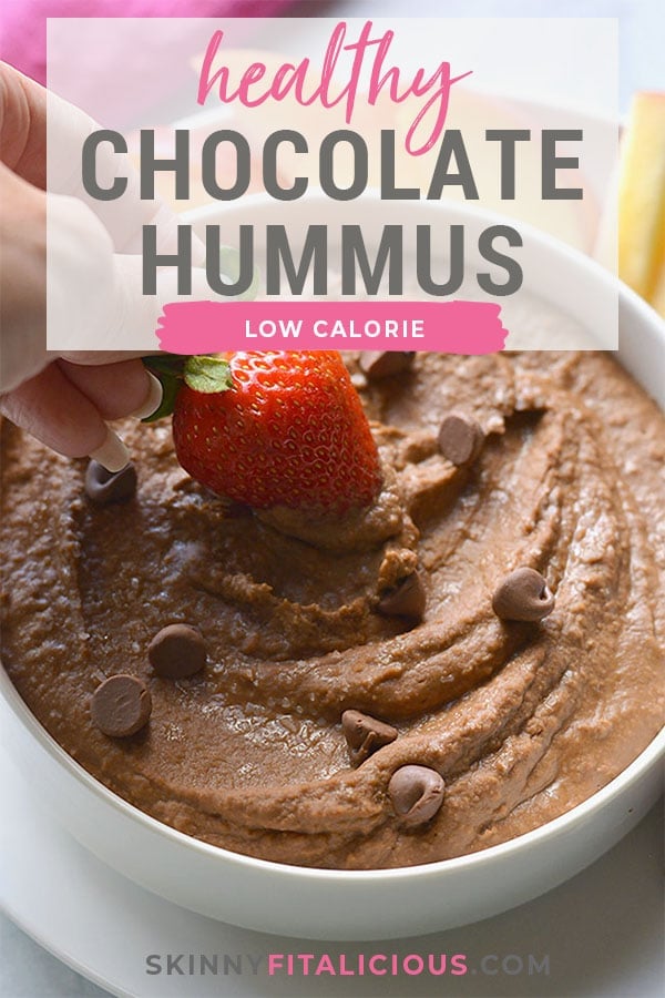 Low Calorie Chocolate Hummus is a healthy snack or appetizer recipe made with real food ingredients designed to satisfy your sugar cravings in a healthy way! Gluten Fee + Low Calories + Vegan