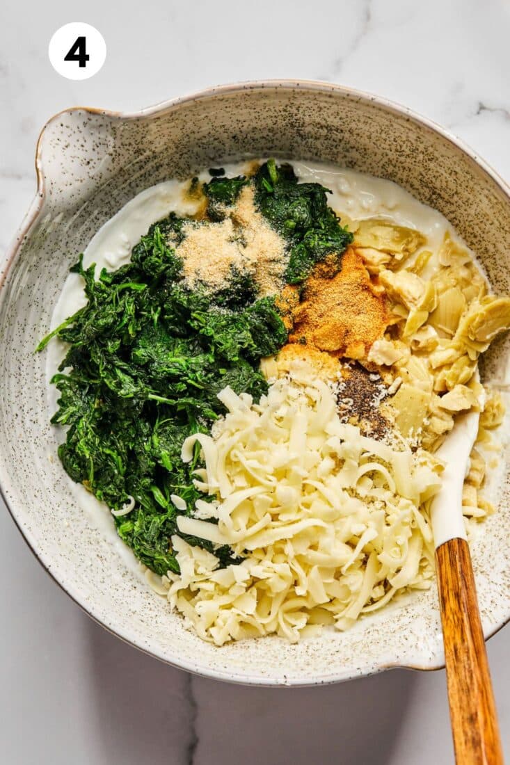 Ingredients for healthy spinach dip in a mixing bowl.