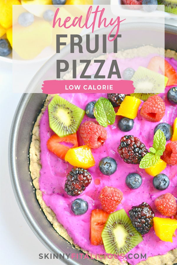 Healthy Fruit Pizza made with a simple oat crust and topped with a Greek yogurt topping and berries. A delicious low calorie summer dessert! Low Calorie + Gluten Free
