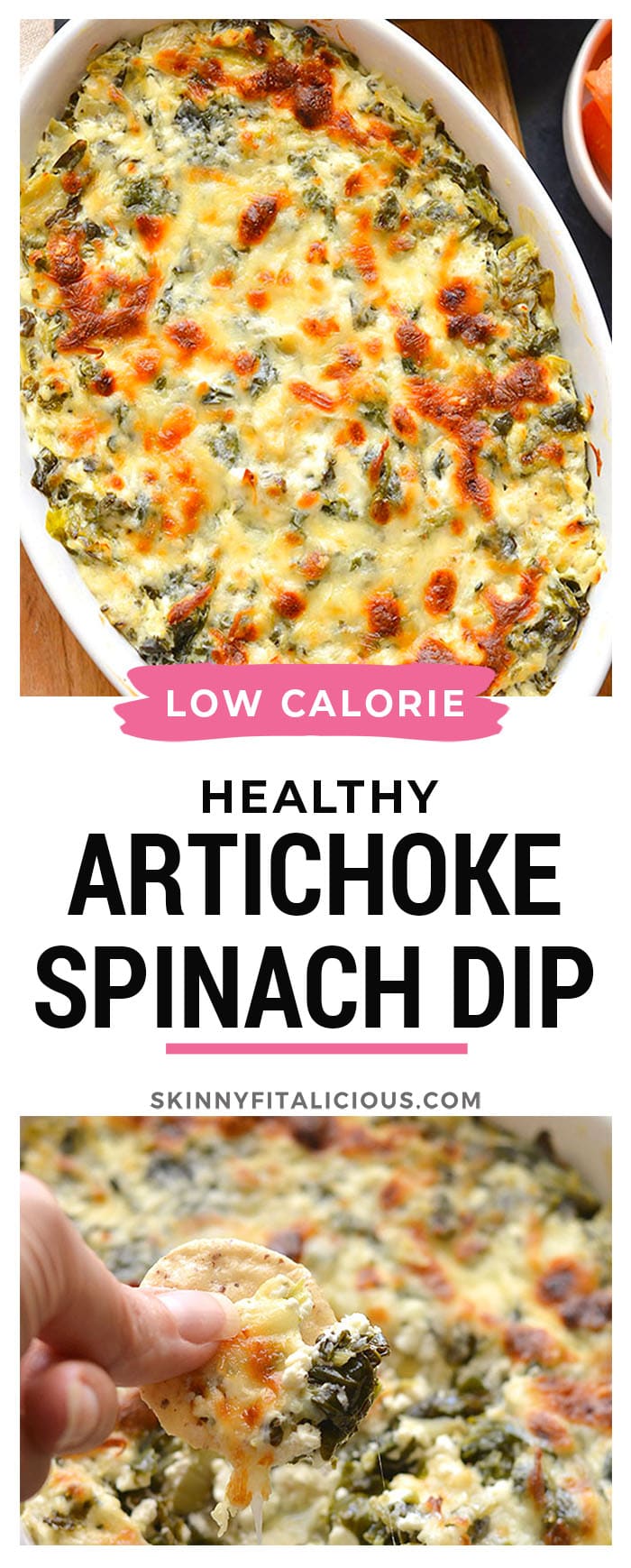 Healthy Spinach Artichoke Dip! Made higher protein and lower calorie with cottage cheese and Greek yogurt, this healthy side dish is delicious served as an appetizer with veggies, crackers or chips! Gluten Free + Low Calorie + Low Carb