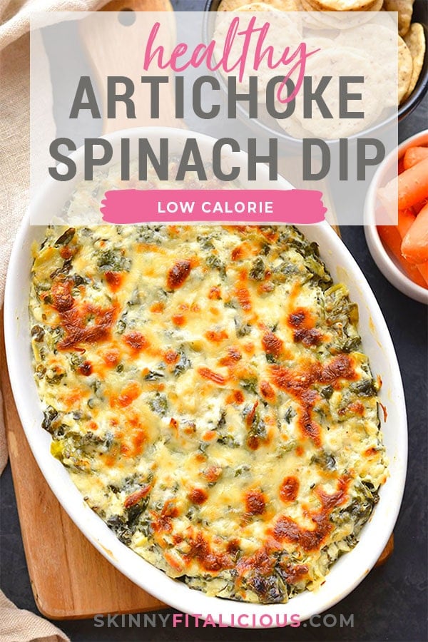 Healthy Spinach Artichoke Dip! Made higher protein and lower calorie with cottage cheese and Greek yogurt, this healthy side dish is delicious served as an appetizer with veggies, crackers or chips! Gluten Free + Low Calorie + Low Carb