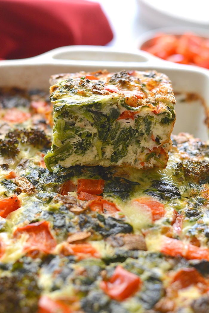 This High Protein Veggie Egg Bake is loaded with veggies and protein for a healthy breakfast. Great option for meal prepping or a weekend brunch!
