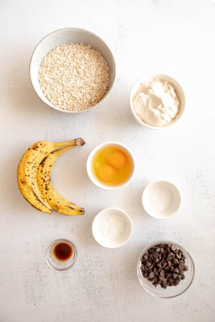 Ingredients to make healthy oat muffins on the table. 