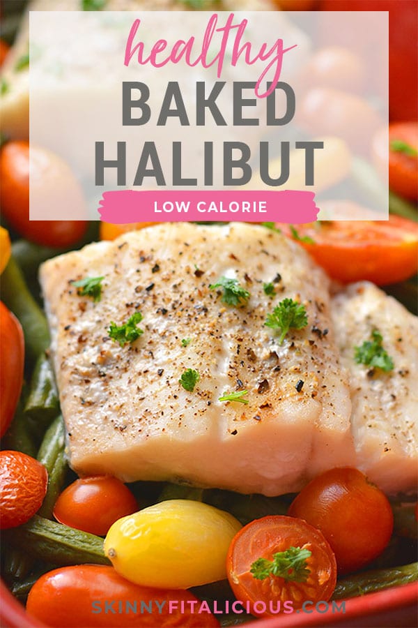 Healthy Baked Halibut with Italian flavor, lemon, tomatoes and green beans. A simple fish dinner that's tasty and effortless to make! Low Calorie + Low Carb + Gluten Free + Paleo