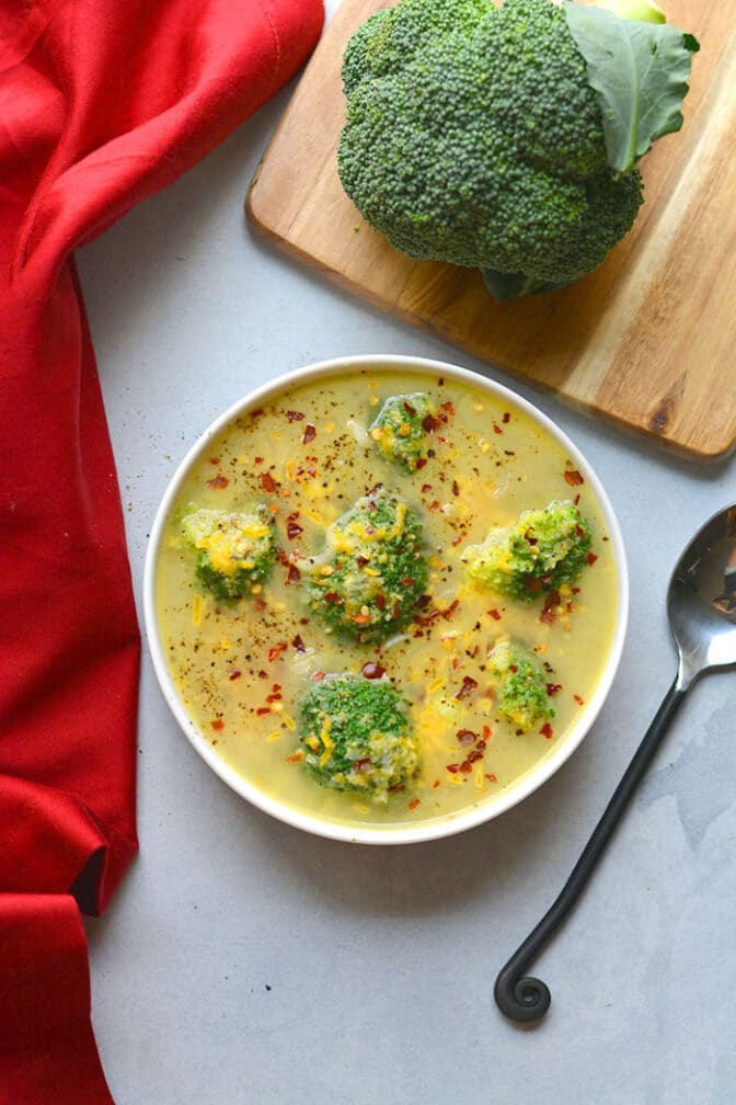 Healthy Broccoli Cheddar Soup {GF, Low Calorie} Skinny Fitalicious®