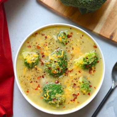 Healthy Broccoli Cheddar Soup is low calorie and made in 30 minutes with minimal ingredients. A great vegetarian soup that's also gluten free and can easily be made dairy free. Gluten Free + Low Calorie