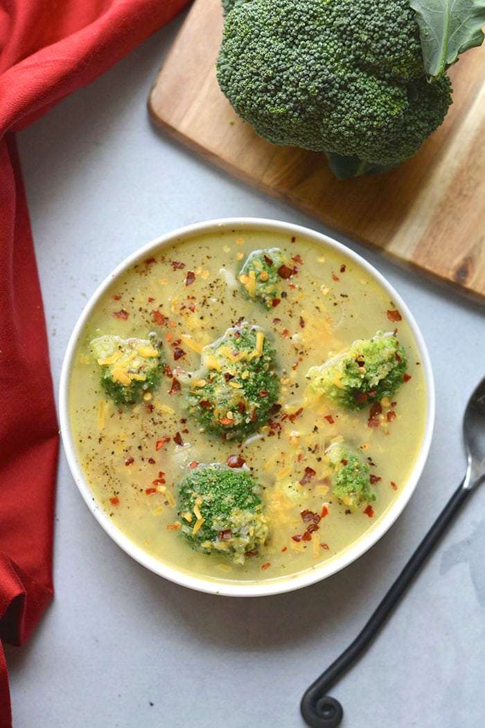 Healthy Broccoli Cheddar Soup is low calorie and made in 30 minutes with minimal ingredients. A great vegetarian soup that's also gluten free and can easily be made dairy free. Gluten Free + Low Calorie
