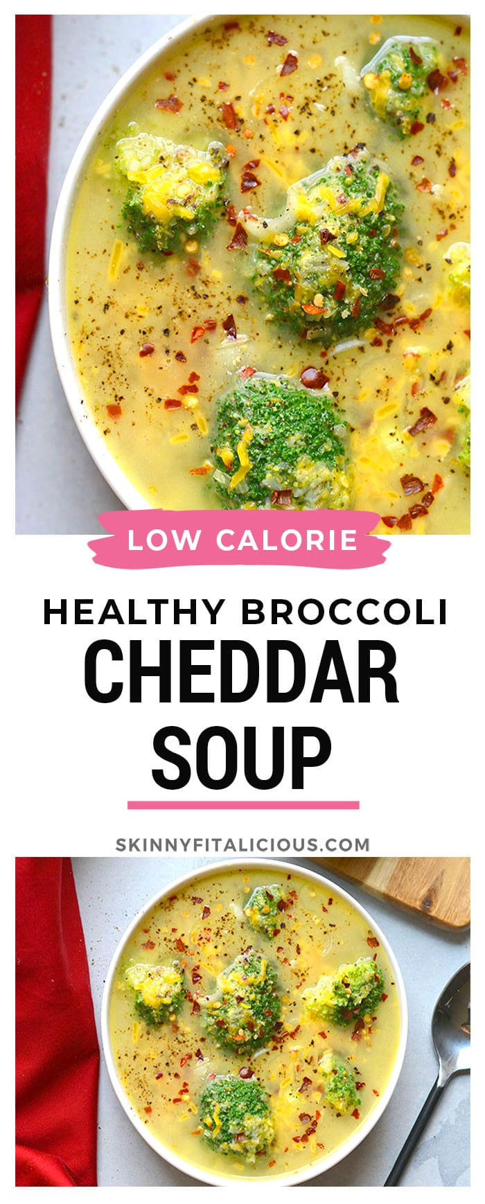 Healthy Broccoli Cheddar Soup is low calorie and made in 30 minutes with minimal ingredients. A great vegetarian soup that's also gluten free and can easily be made dairy free.