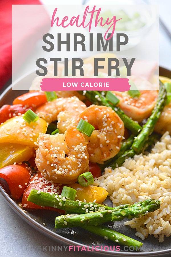 Healthy Shrimp Asparagus Stir Fry is a low calorie dinner recipe that's healthy, flavorful and easy to make. Made in under 30 minutes and gluten free! Low Calorie + Gluten Free