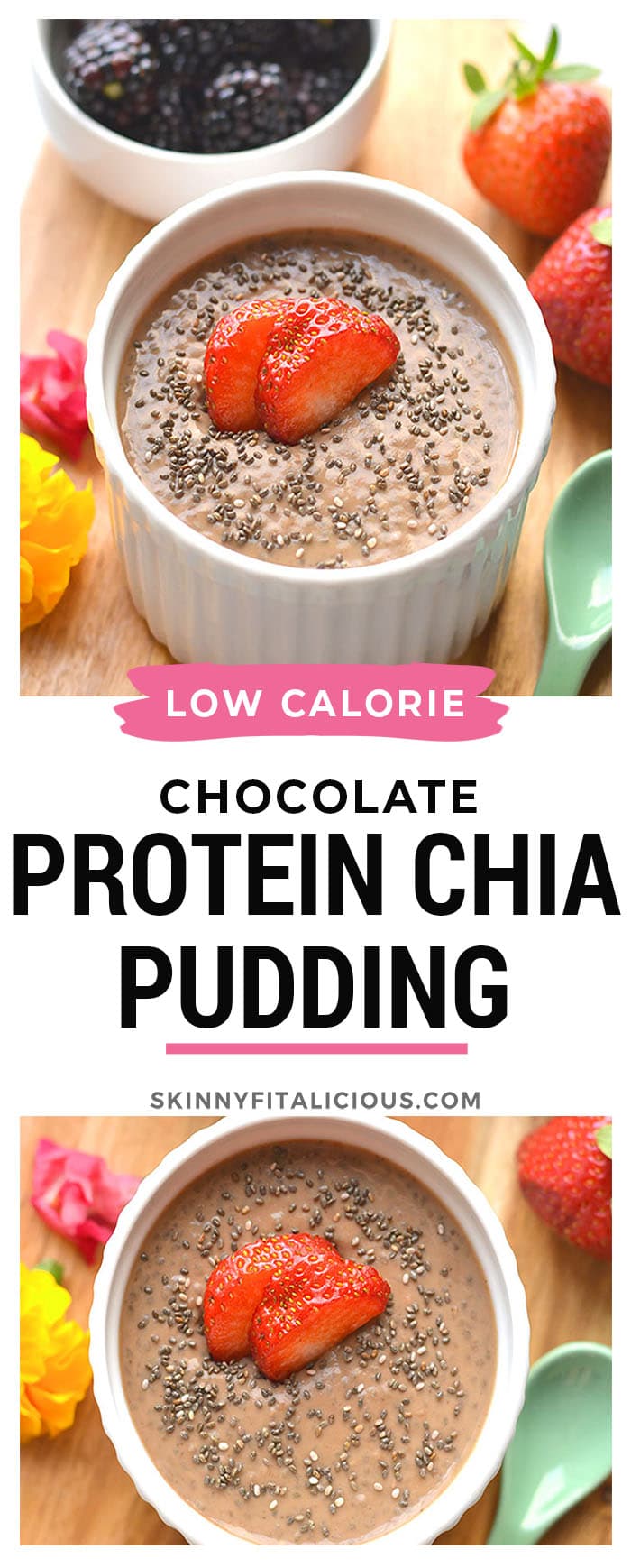 Healthy Chocolate Protein Chia Pudding is a low calorie, high protein breakfast or snack. Easy to meal prep, dairy free and vegan friendly!