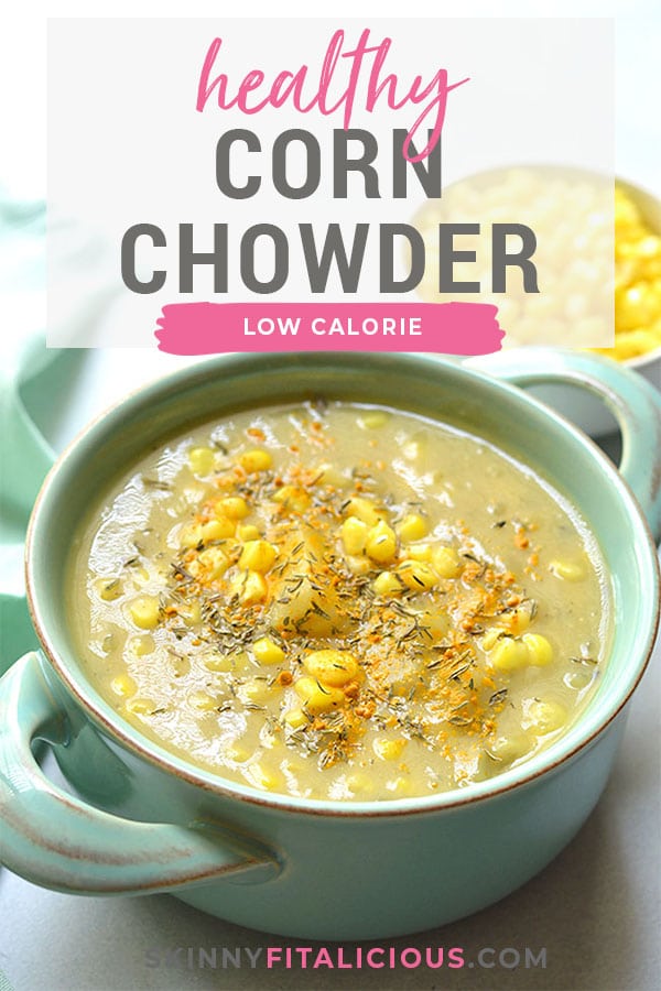 Healthy Corn Chowder made low calorie and creamy without cream using cauliflower to thicken it. A lightened up chowder that's dairy free, delicious and simple! Gluten Free + Vegan + Low Calorie