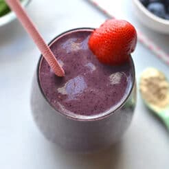 Healthy High Protein Smoothie for weight loss will keep you full and prevent cravings so you can reach your weight loss goals. Made with protein, vegetables and fruit, this easy recipe is great for breakfast or a snack. Low Calorie + Gluten Free + Paleo + Vegan