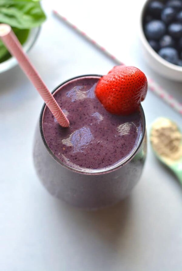 Healthy High Protein Smoothie for weight loss will keep you full and prevent cravings so you can reach your weight loss goals. Made with protein, vegetables and fruit, this easy recipe is great for breakfast or a snack. Low Calorie + Gluten Free + Paleo + Vegan