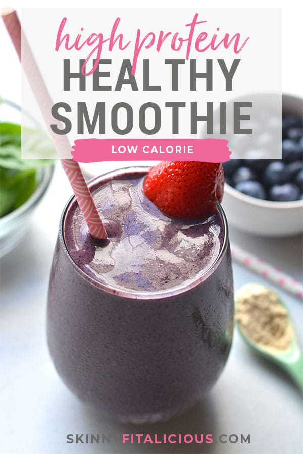 Healthy High Protein Smoothie for weight loss will keep you full and prevent cravings so you can reach your weight loss goals. Made with protein, vegetables and fruit, this easy recipe is great for breakfast or a snack. Low Calorie + Gluten Free + Paleo + Vegan