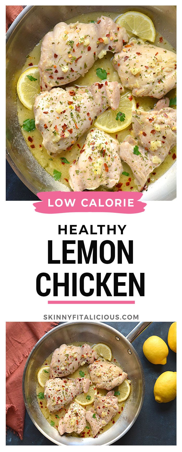 Healthy Lemon Garlic Chicken is an easy, low calorie dinner recipe made in one pan. Super flavorful, filling and family approved! 