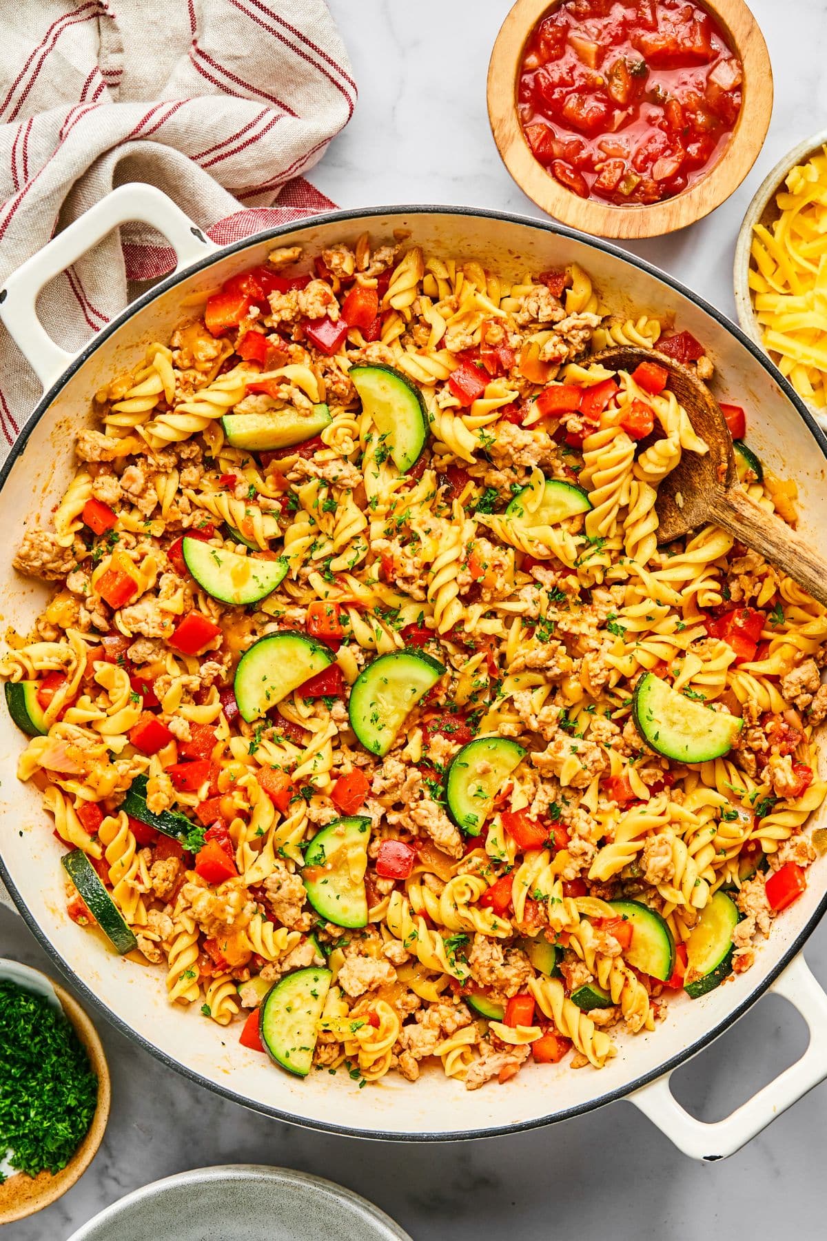 Taco pasta cooked in a skillet ready to serve.