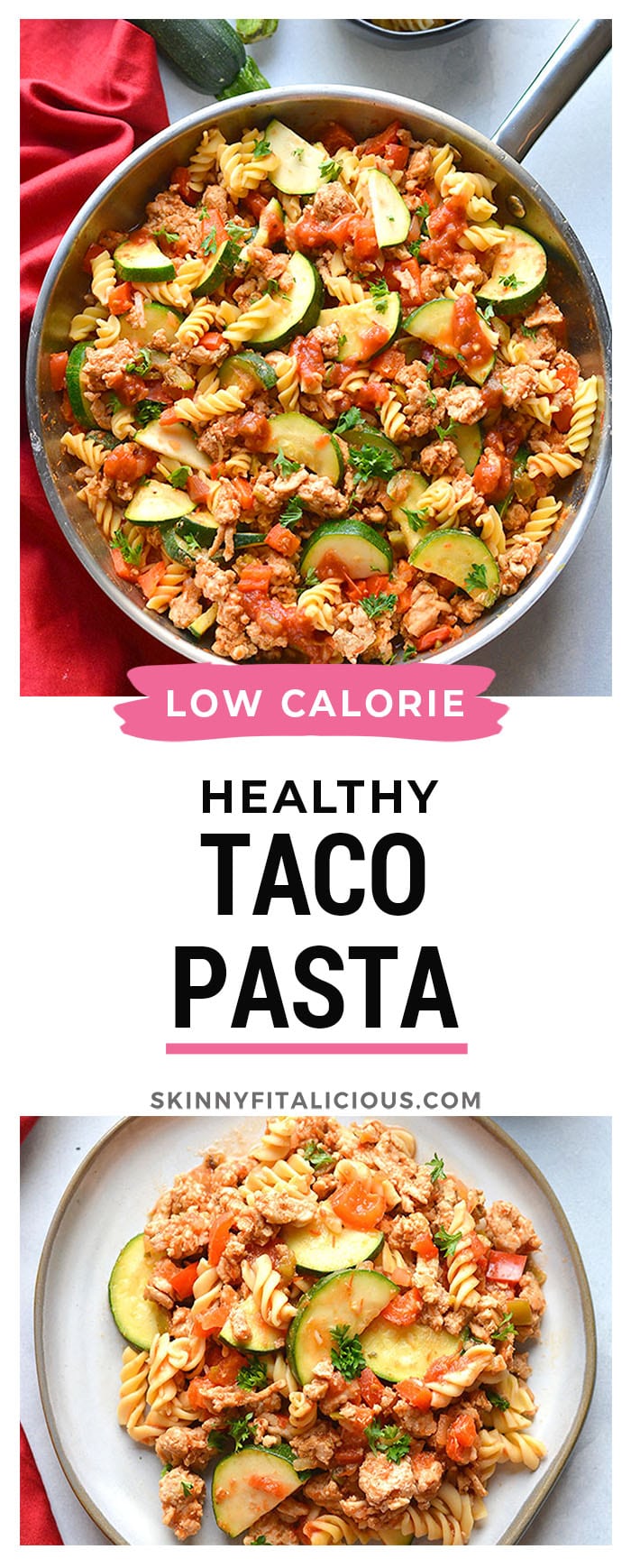 Healthy Taco Pasta is a low calorie dinner made with chickpea pasta, chicken, vegetables and salsa. High in protein and fiber, this family approved meal is healthy and easy to make!