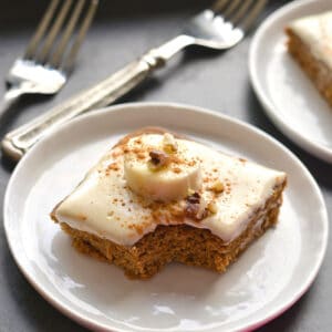 Healthy Banana Oat Cake made low calorie with less sugar and with a delicious Greek cream cheese frosting. Anyone can bake this healthy cake recipe!