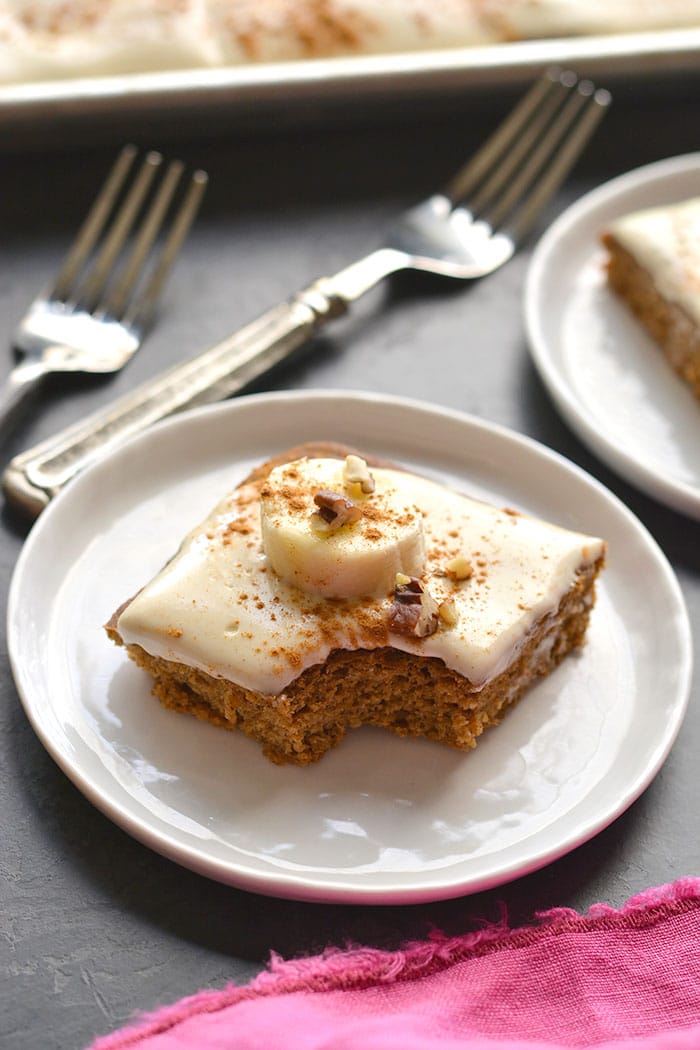 Healthy Banana Oat Cake made low calorie with less sugar and with a delicious Greek cream cheese frosting. Anyone can bake this healthy cake recipe!