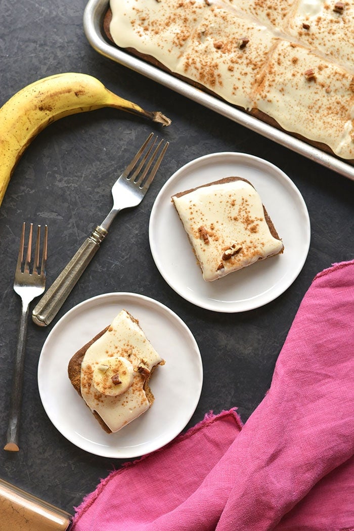 Healthy Banana Oat Cake made low calorie with less sugar and with a delicious Greek cream cheese frosting. Anyone can bake this simple and healthy cake recipe! Gluten Free + Low Calorie