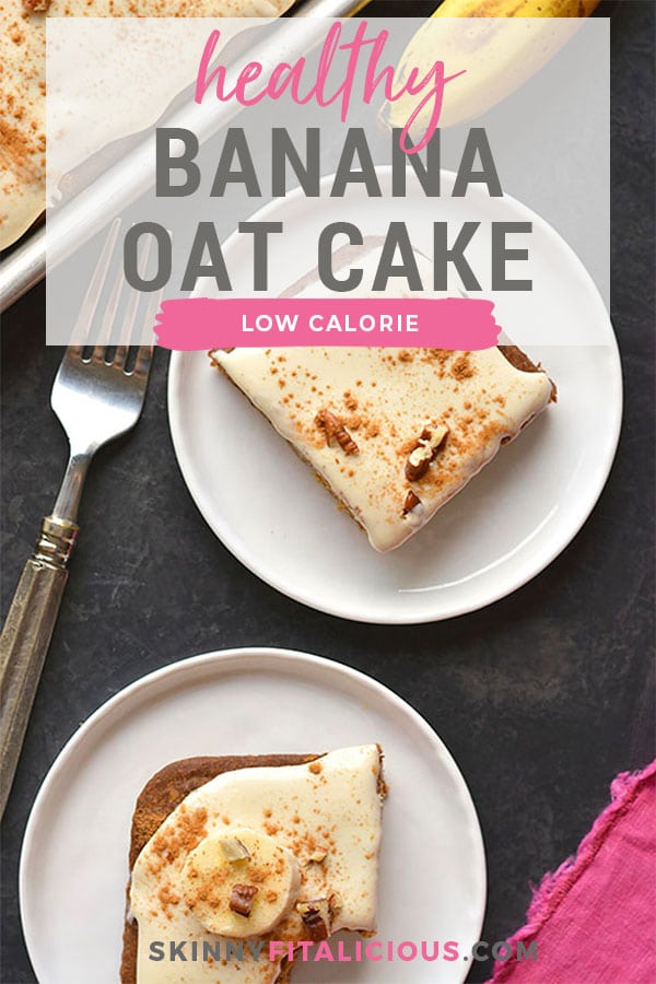 Healthy Banana Oat Cake made low calorie with less sugar and with a delicious Greek cream cheese frosting. Anyone can bake this simple and healthy cake recipe! Gluten Free + Low Calorie