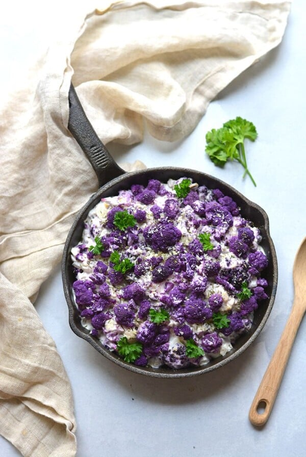 Healthy Cauliflower Au Gratin is a high protein, low calorie and gluten free recipe. Made easy in a single skillet and surprisingly delicious! Low Calorie + Gluten Free