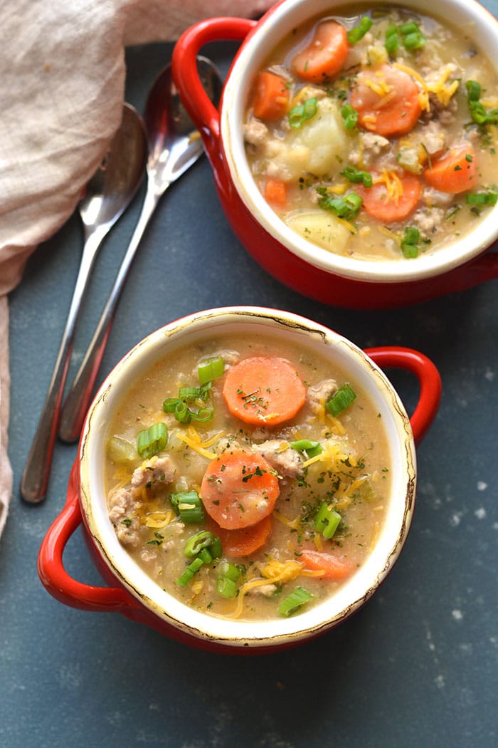 soup in a red bowl