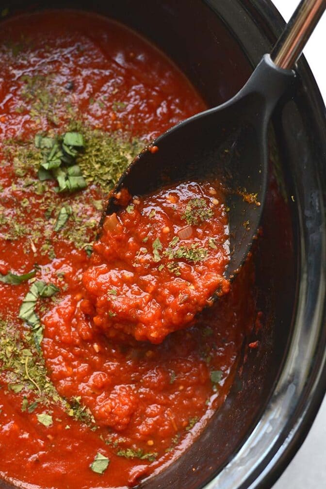 Healthy Crockpot Tomato Sauce {Low Calorie, GF} Skinny Fitalicious®