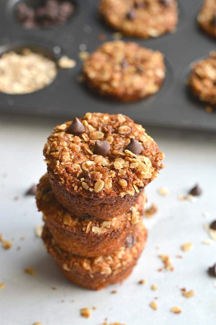 Healthy Greek Yogurt Muffins are low calorie made with Greek yogurt and gluten free oats. Topped with a cinnamon streusel, they are a perfectly portioned snack!