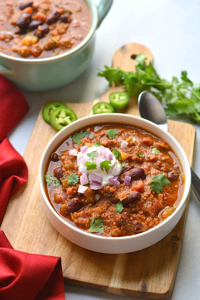 chili with beans in a white bowl