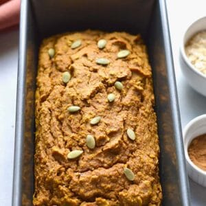 Healthy Pumpkin Oat Bread made flourless with gluten free oats and lightly sweetened. A naturally low calorie, low fat, low sugar snack. Low Calorie + Gluten Free